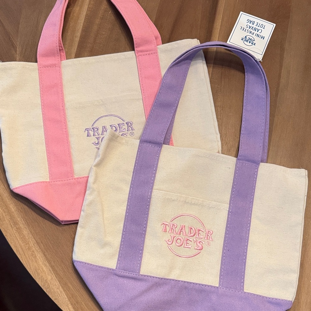 Set of 2 Trader Joe’s Easter Canvas Tote Bag - Pink Cream with Lavender Handles